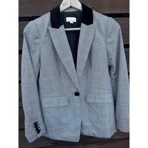 Ann Taylor LOFT Black/White Plaid Lined Single-Breasted Blazer Velour Trim *2 P